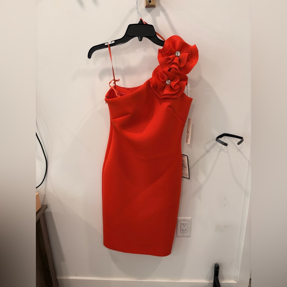 Red One-Shoulder Floral Appliqué Dress Eliza J